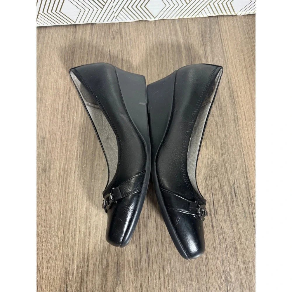 LifeStride Simply Comfort‎ Black faux Leather Square Toe Wedge Heels Women's  8W